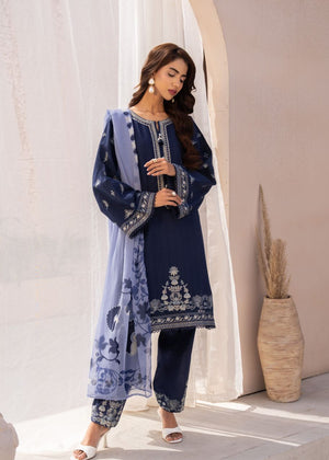 Women's dark blue embroidered long tunic, matching pants, light blue dupatta