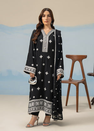 Women's 3-piece black winter suit, long tunic with white print and patterned border