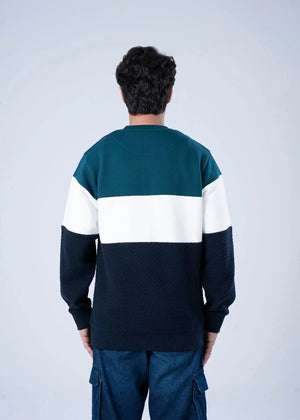 Men's fleece crewneck sweatshirt, back view, green, white, navy horizontal stripes