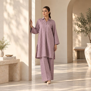 Women's mauve purple co-ord set: long-sleeve button-up shirt and wide-leg trousers