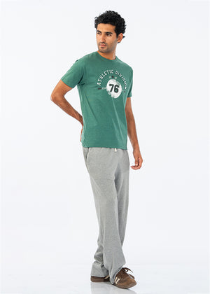 Green crew-neck T-shirt with athletic 76 logo graphic, short sleeves
