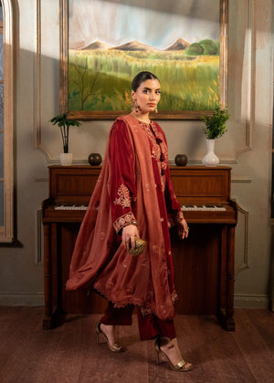 Women's maroon embroidered 3-piece set with flowing dupatta and festive gold border