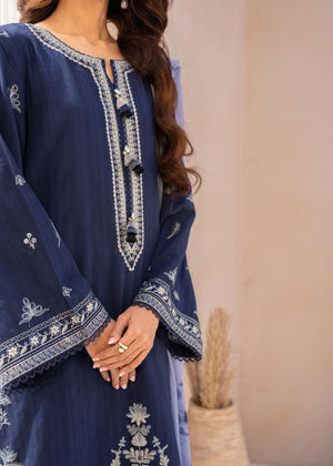 Women's embroidered dark blue tunic with scalloped neckline and patterned trim