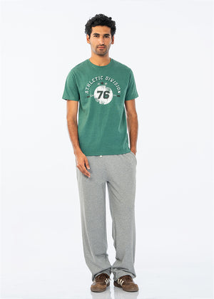 Green crew-neck T-shirt with large 76 athletic logo graphic, short sleeves