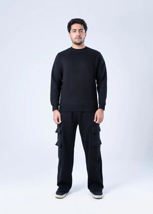 Black waffle-knit crewneck sweatshirt with long sleeves and straight hem