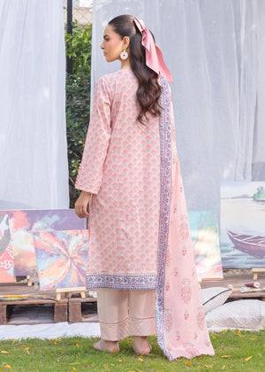 Women’s pink printed cotton lawn 2-piece suit: long kurta, matching trousers, dupatta