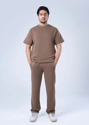 Men's brown textured knit crew-neck T-shirt, short sleeves