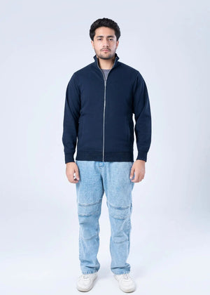 Men's navy fleece zip-up hoodie with full front zipper and kangaroo pocket