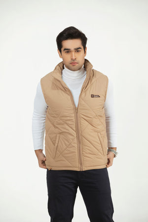 Men's camel quilted puffer vest with full-zip and stand collar, chest pocket