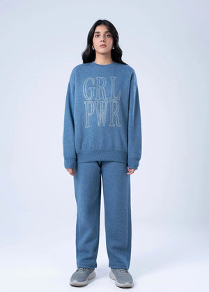 Blue fleece pull-on trousers with elastic waist, white drawstring, relaxed straight legs
