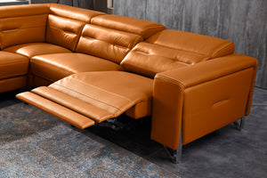 Orange leather sectional sofa with chaise, cushioned arms, and padded seat back