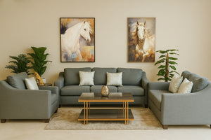 Jackson sofa sectional, light gray fabric with cream throw pillows and deep seats.