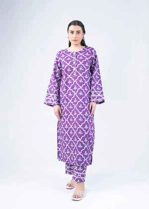 Women’s purple printed 2-piece winter suit with lace-trim kurta and matching pants