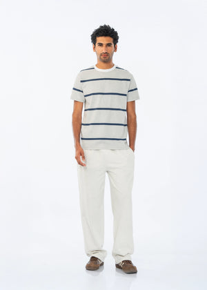 Men's summer night suit: blue-striped crew T-shirt and light straight-leg pants.