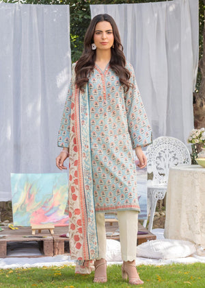 Women's light-blue printed kurta suit with coral dupatta and cream trousers, front view