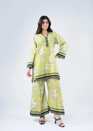 Women’s winter co-ord set in lime green, printed kurta and wide-leg pants, front view