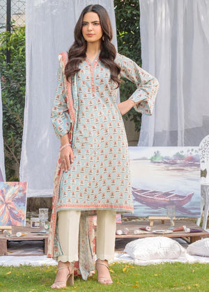 Women's blue patterned long kurta with coral border, paired with cream pants and dupatta