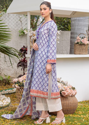 Lilac long kurta with geometric print, orange trim border, worn with white pants