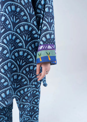 Women's printed co-ord set sleeve cuff, navy with colorful trim and button