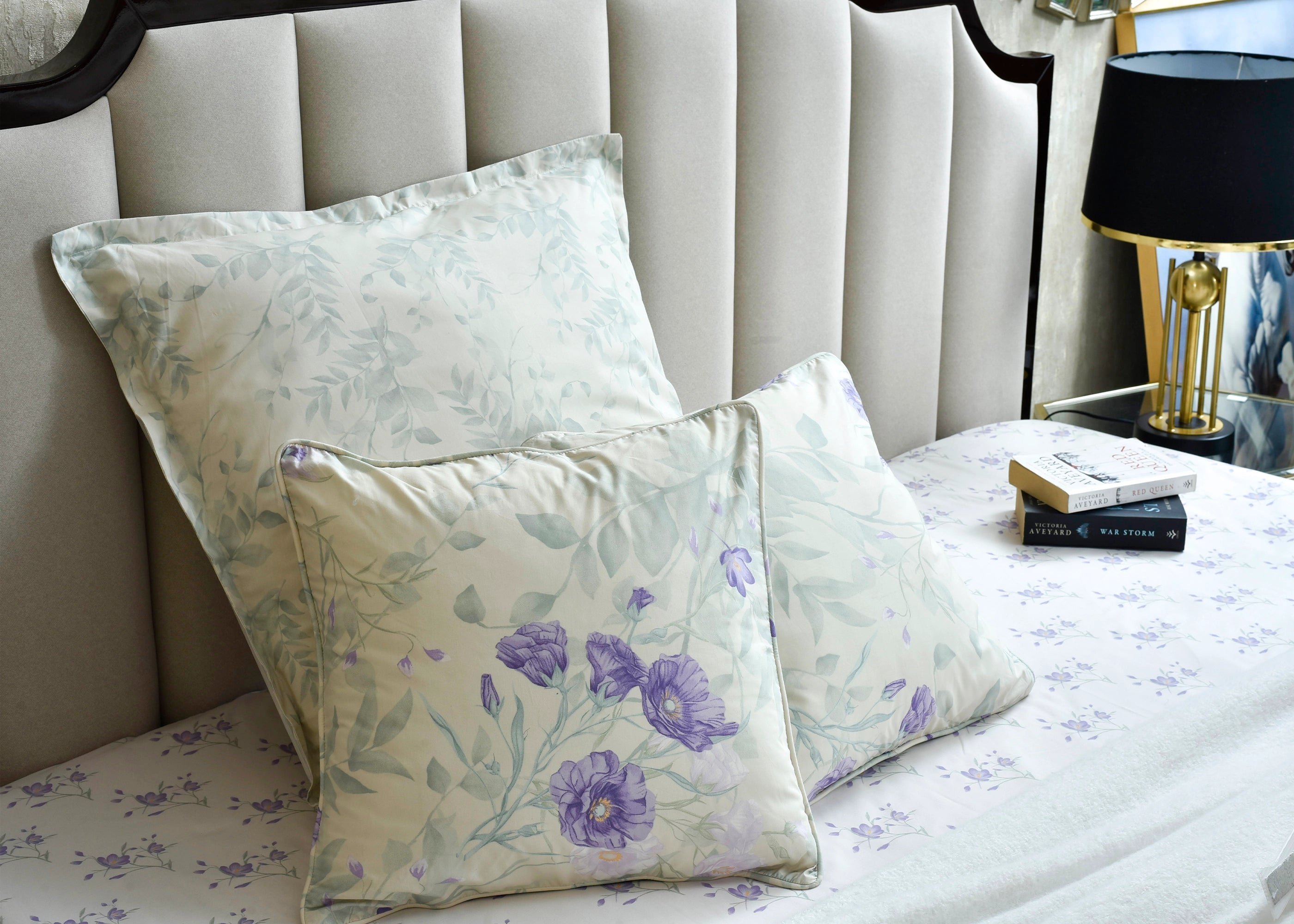 Ivory cotton square cushion cover with purple flower print and hidden tie detail