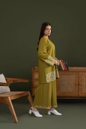 Olive winter co-ord set with long tunic and wide-leg pants, embroidered cuffs and hem