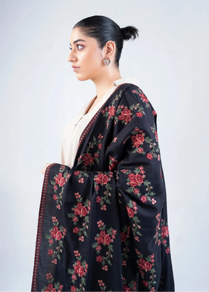 Black wool winter shawl with red floral print and cream border trim
