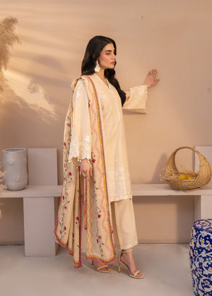 Women's beige embroidered 3-piece set with colorful dupatta and scalloped lace cuffs