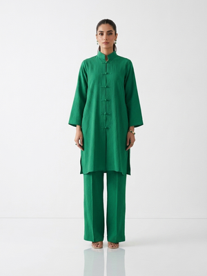 Green women's co-ord set with long button-front tunic and wide-leg trousers