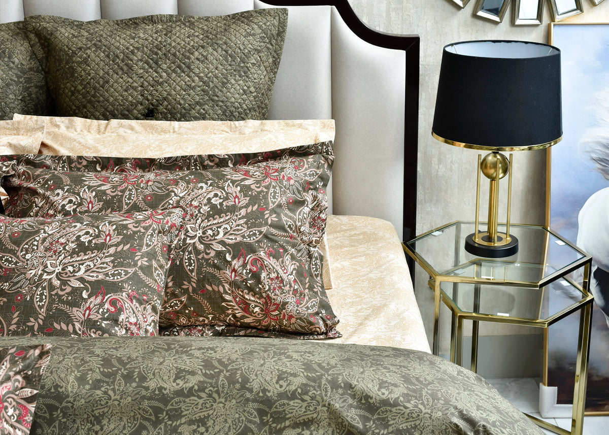 Olive textured cotton pillow cover, square with stitched border