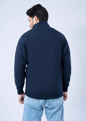 Men's navy fleece zip-up hoodie, plain back view with ribbed cuffs