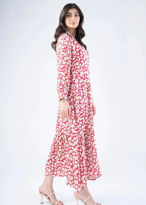 Pink and white abstract print long dress with long sleeves and soft drape