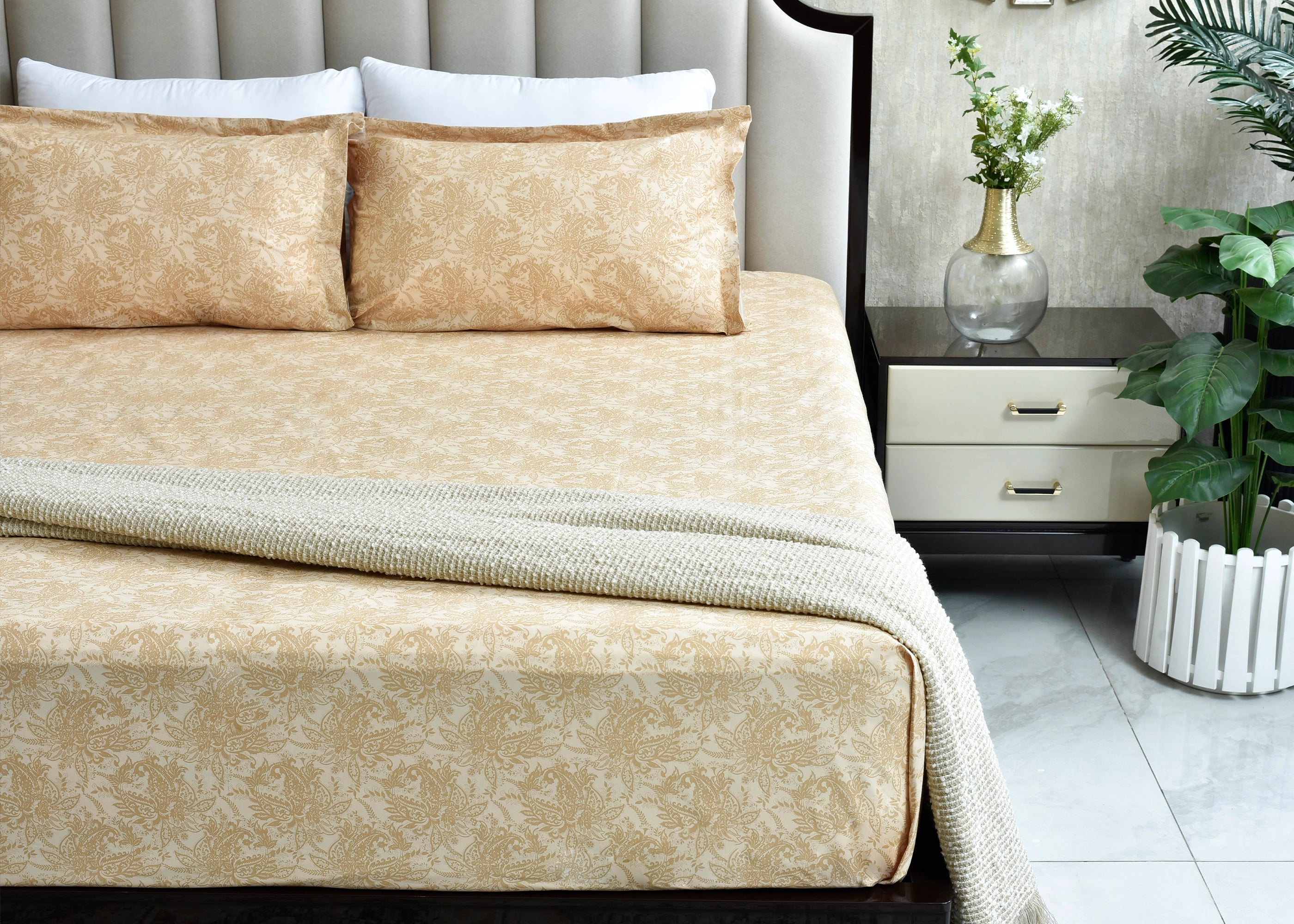 Cotton beige bed sheet set with ornate damask pattern, showing sheet and pillowcase