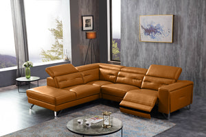 Orange leather modular sectional sofa with chaise corner and ottoman-style seat cushions