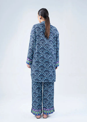Women's printed co-ord set: navy long kurta and pants, back view
