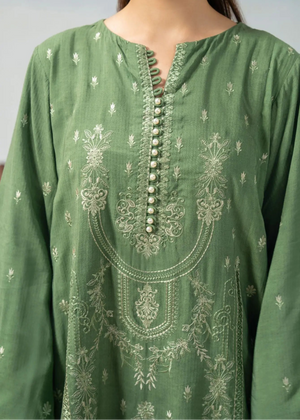 Green long tunic front with round neck, gold button placket, and ornate embroidery