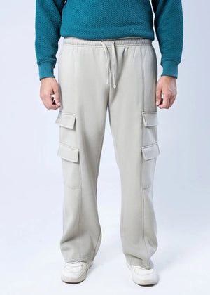 Men's stone terry pull-on trousers with elastic waistband, drawstring, and cargo pockets