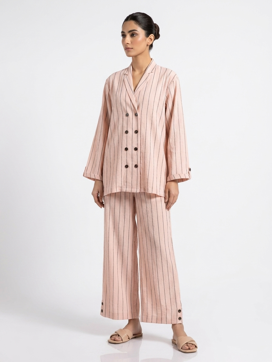 Women's pink striped button-front top and wide-leg trouser set
