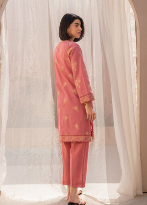 Pink floral long kurta and matching straight pants, side view, long sleeves
