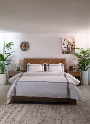 White duvet cover set with gray-blue plaid stripes; matching pillowcases and shams