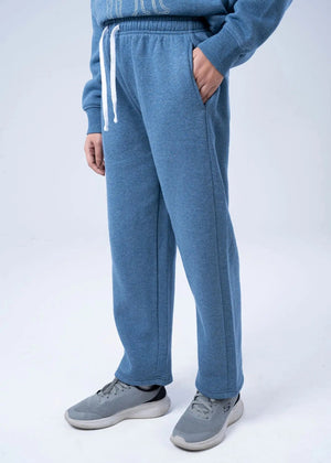 Blue fleece pull-on trousers with elastic waist and straight cuffs, side view