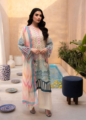 Women's pastel long kurta suit with striped dupatta and matching pants