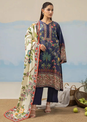 Navy printed kurta set with floral dupatta drape and straight pants, women’s winter