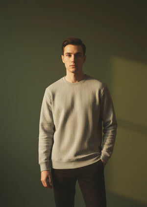 Men's oatmeal waffle-knit crewneck sweatshirt with straight hem and long sleeves