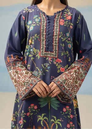 Navy printed kurta close-up with embroidered neckline and floral sleeves