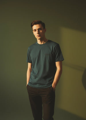 Men's winter T-shirt in teal, short-sleeve crew neck with small chest pocket.