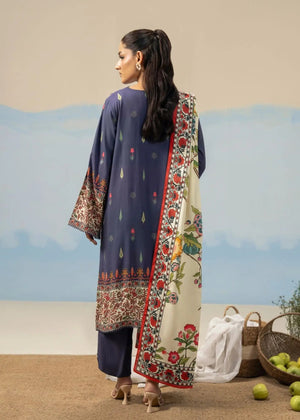 Women’s printed winter 3-piece suit: navy kurta, straight pants, floral dupatta