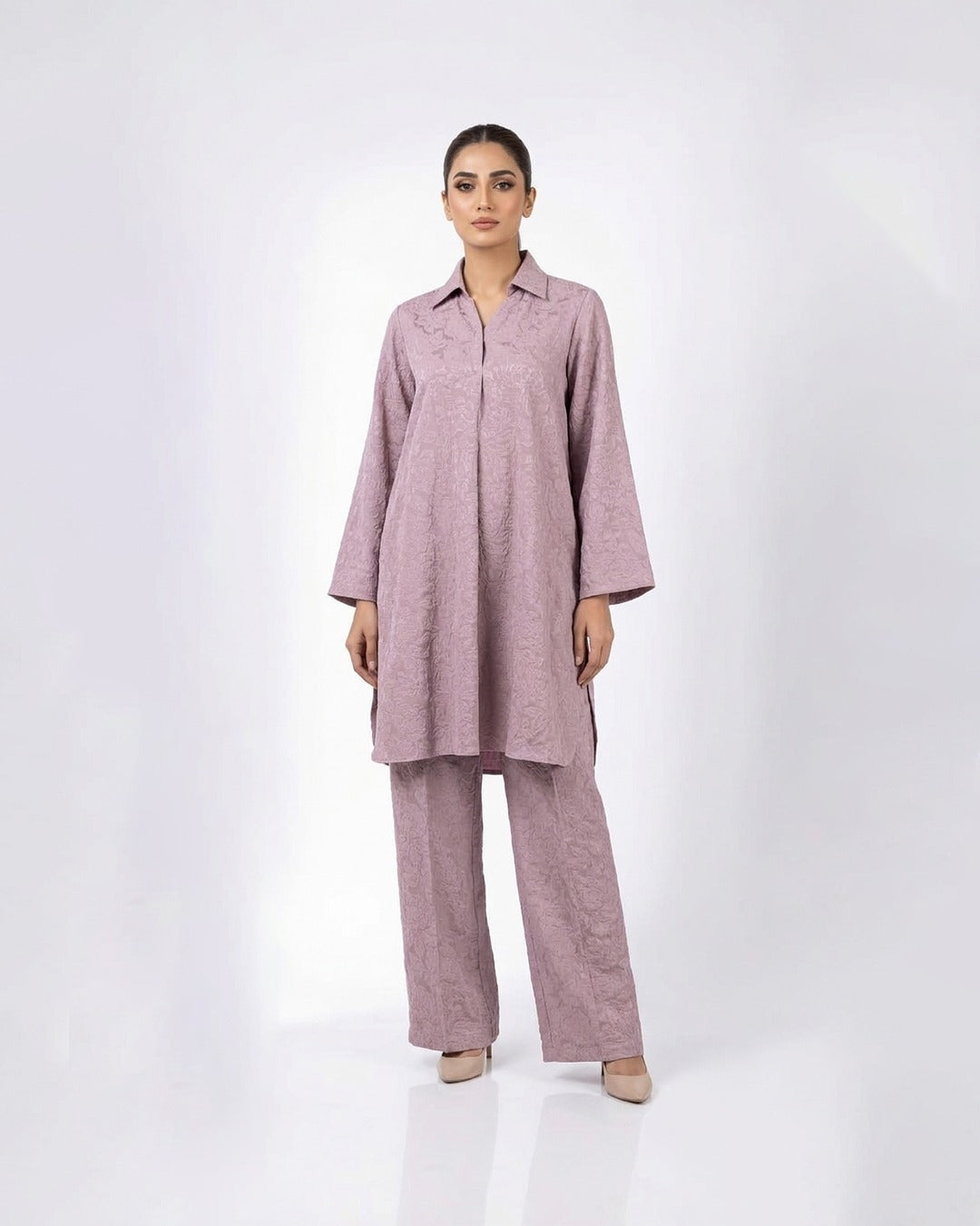 Mauve purple women's co-ord set: tunic shirt and wide-leg trousers, front view