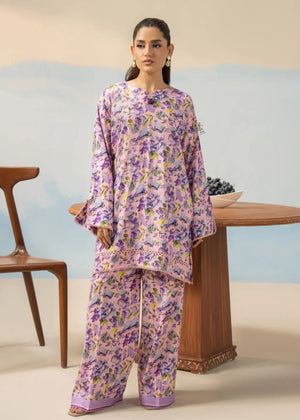Women's winter co-ord set, purple floral long-sleeve top and wide-leg trousers