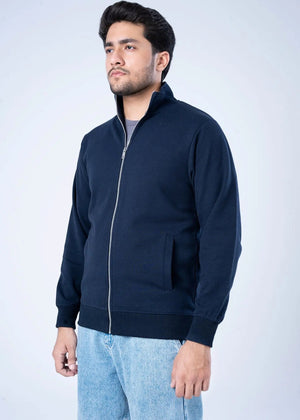 Men's navy fleece zip-up hoodie with stand collar and front zipper
