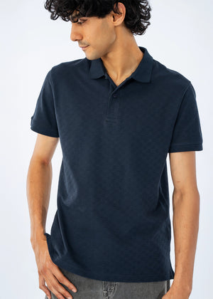 Men's dark polo shirt close-up with polo collar and front buttons, short sleeves